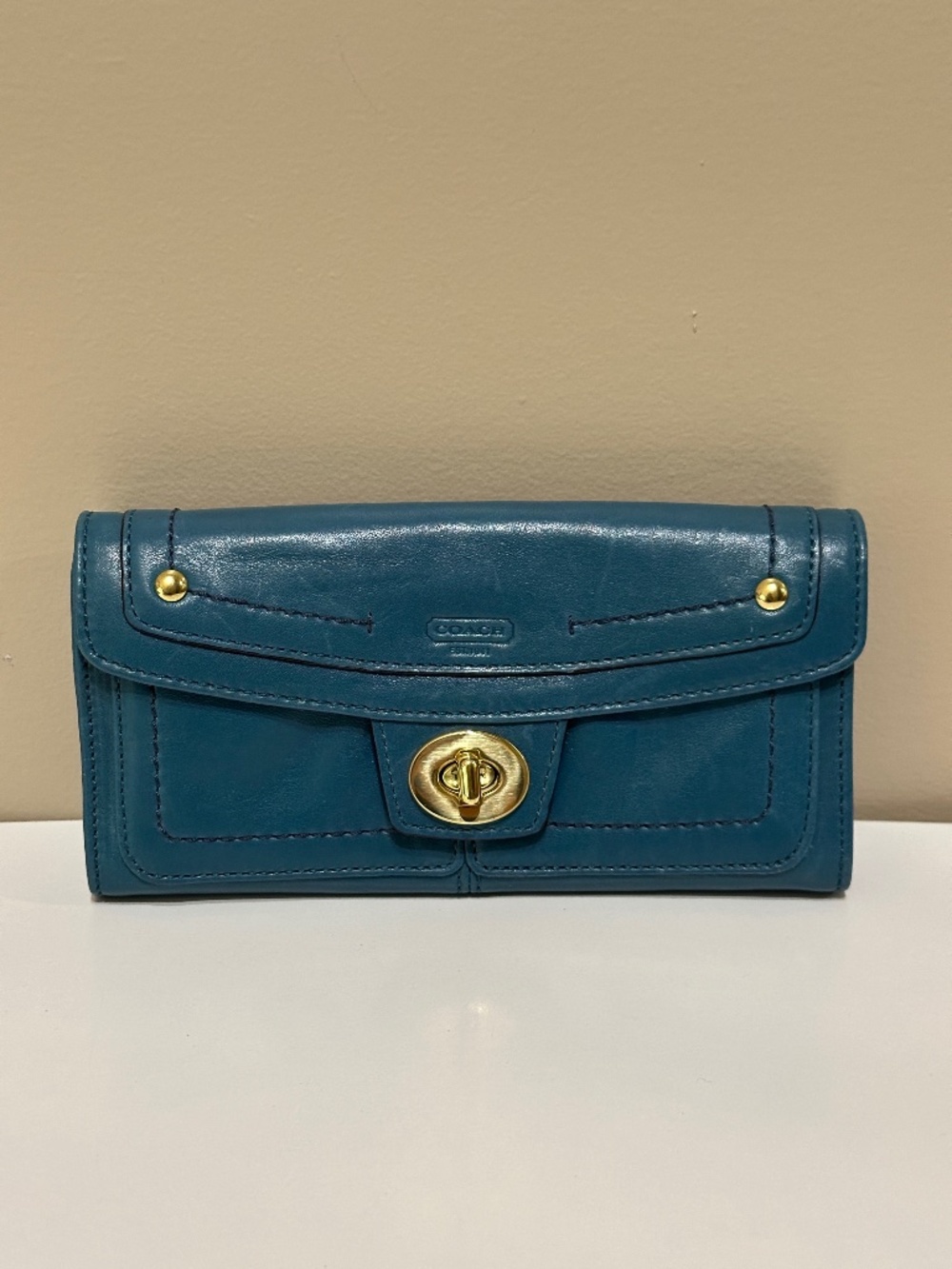 Rare Vintage Coach Turn Lock Teal Legacy Large Leather Flap Wallet Y2K